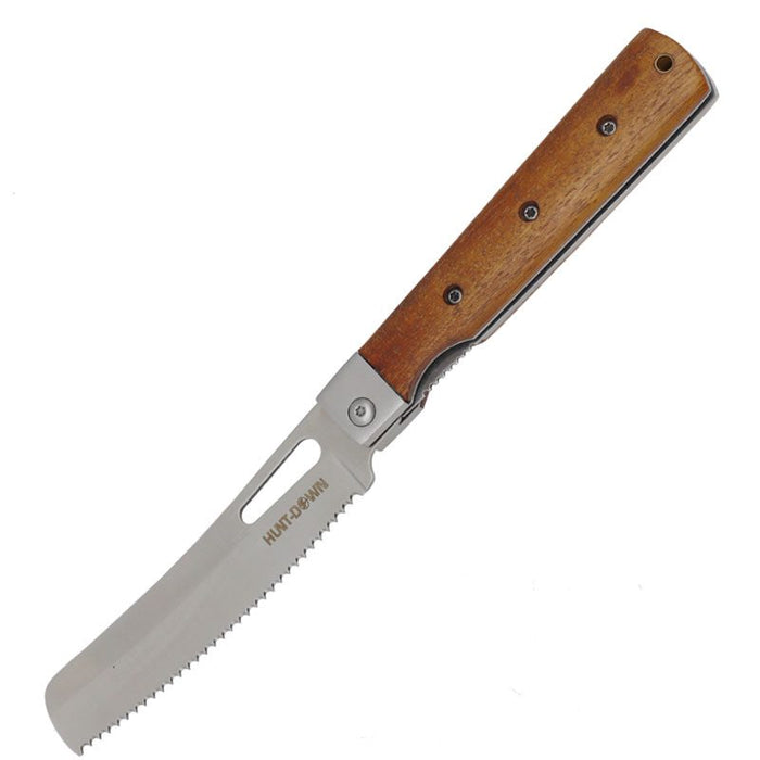 Hunt-Down | 9″ Serrated Blade Liner Lock Stainless Wood Handle Steel Bolster Folding Knife [14394]