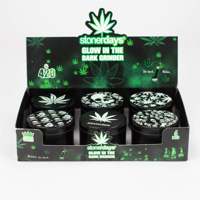 Glow In the Dark - 4 Part Grinder, 63MM Assorted Designs Box of 6 [PH6918-Stoner]