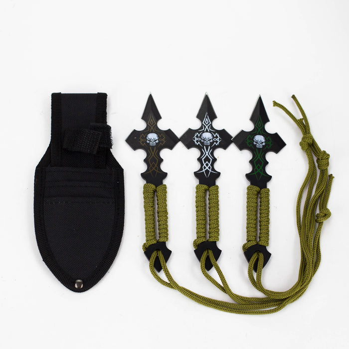 Defender-Xtream |Skull Design & Green String Throwing Knives With Sheath Set of 3 [6668]