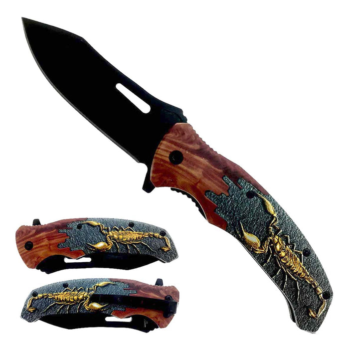 8-1/2" Spring Assisted Knife Plastic Wood Handle w Scorpion