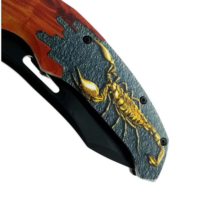 8 1/2" Spring Assisted Knife Plastic Wood Handle w Scorpion_2