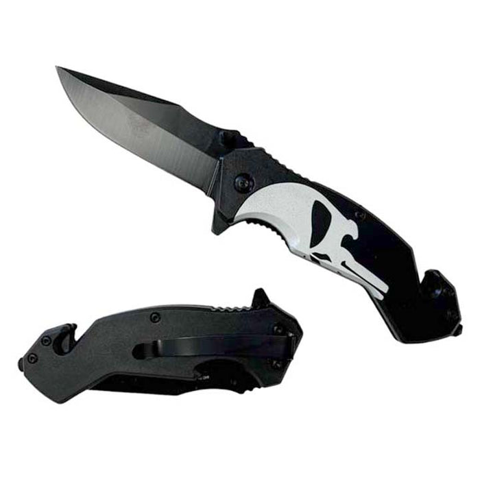 8" Black Coated Blade Skull Spring Assisted Knife