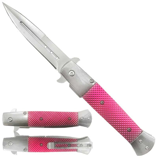 8" Spring Assisted Pocket Knife Stiletto Pink Handle_0