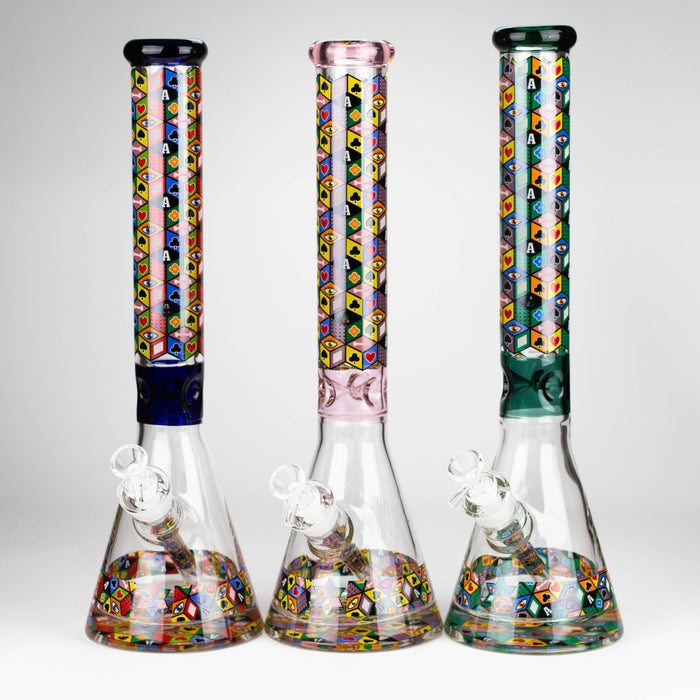 17" Color accented 7 mm glass water bong With Poker Design