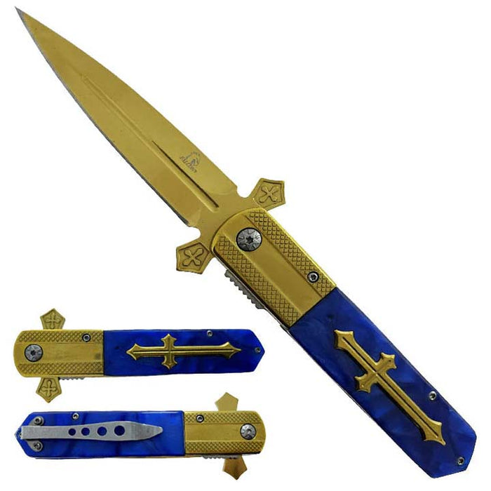 Falcon 8 7/8" Gold Blade Blue Handle Spring Assisted Knife_0