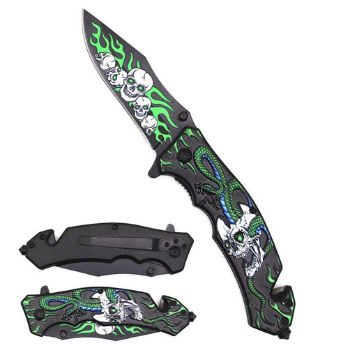 8" Spring Assisted Pocket Knife Green Snake, Skull Handle._0