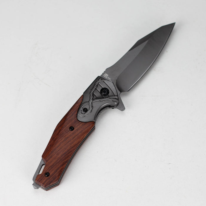 Hunt-Down | 8" Titanium Coated Finish Blade Ball Baring Folding Knife With Leather Sheath [14392]