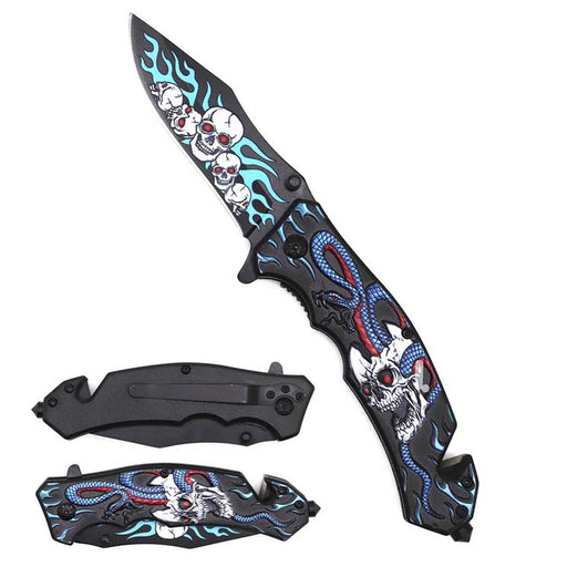 8" Spring Assisted Pocket Knife Blue Snake, Skull Handle_0