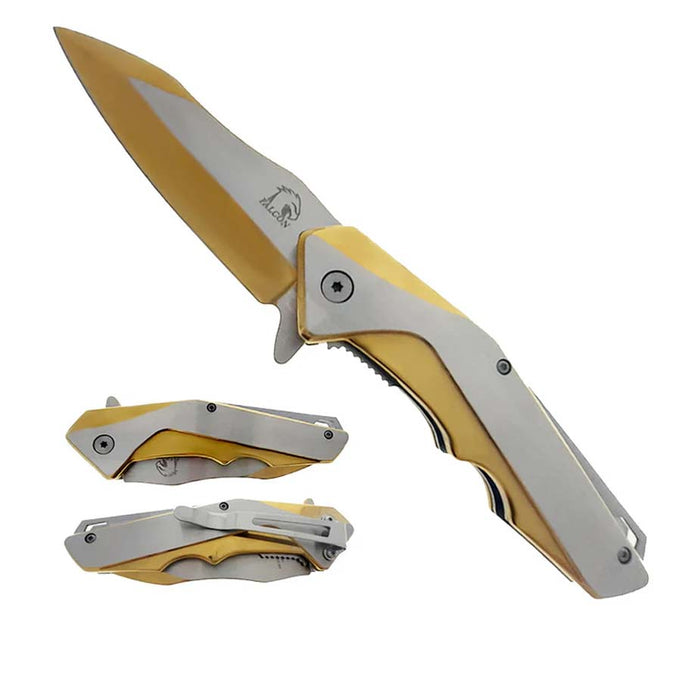 Falcon 8" Gold and Silver Spring Assisted Pocket Knife_0