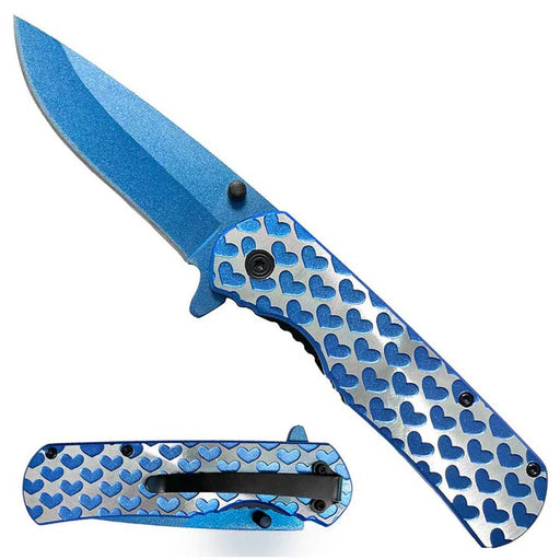 9" Spring Assisted Pocket Knife Blue Hearts_0