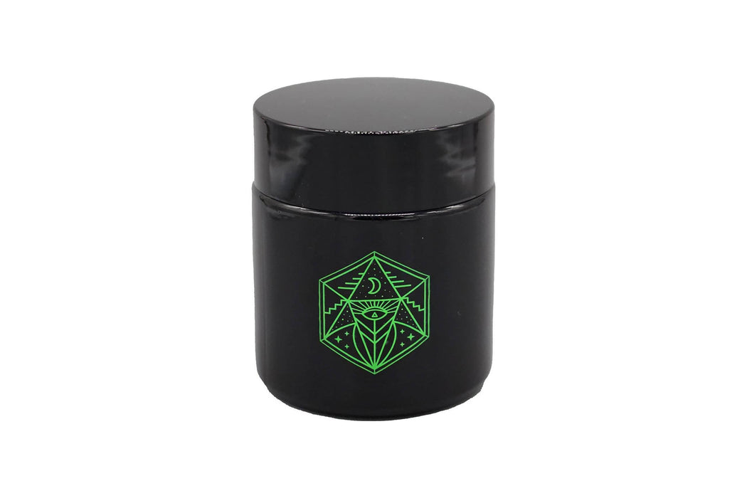 Small Glass Storage Jar and Lid - Real Printed Artwork - UV Protection - Helps Keep Goods Fresh with Light Protection- Tinted Black - 100 ml - Ancient Symbol Design - Accessories By Leaf-Way Brand- - One Wholesale