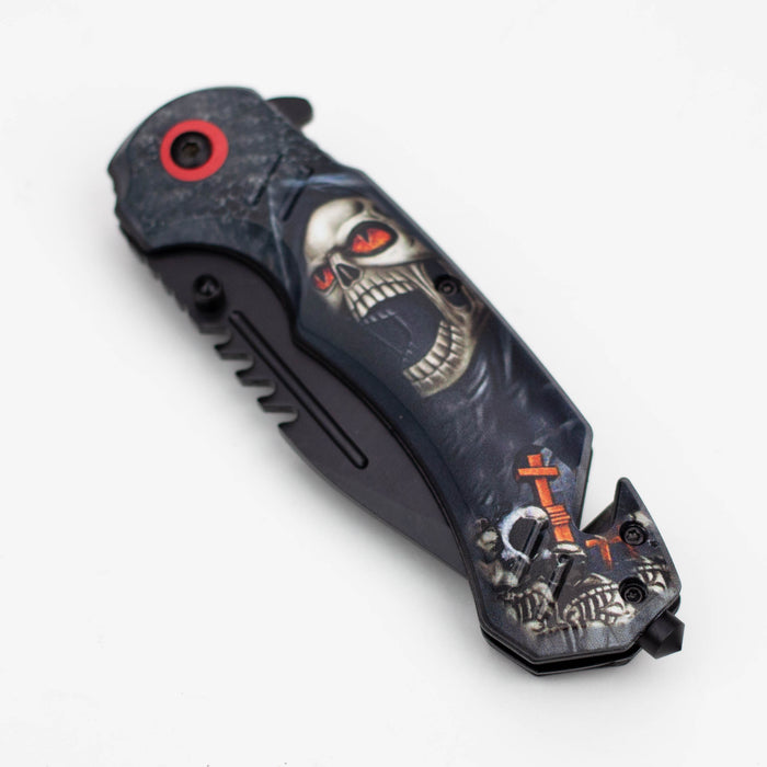 8" Defender-Xtreme Death  Design Handle Folding Knife W/  Belt Cutter [13887]