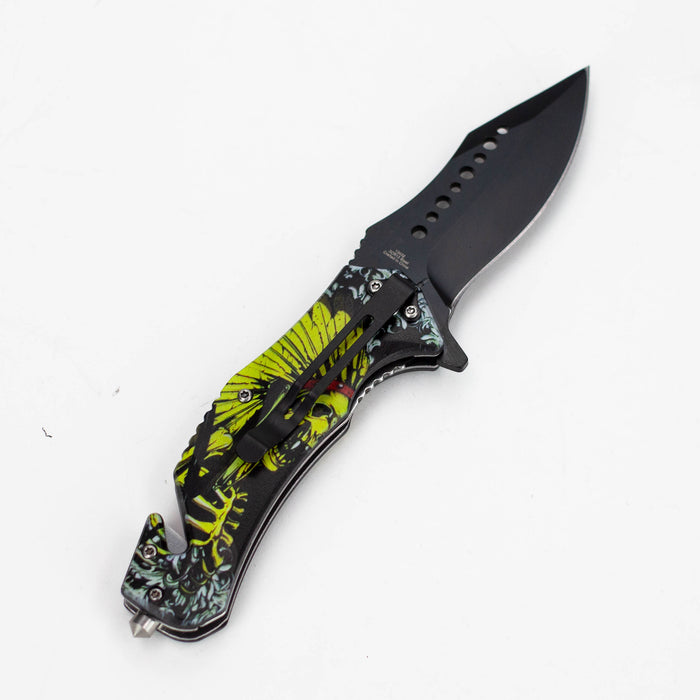 Defender-Xtreme 8.5″ Glass Breaker Skull Indian Folding Knife [13432]