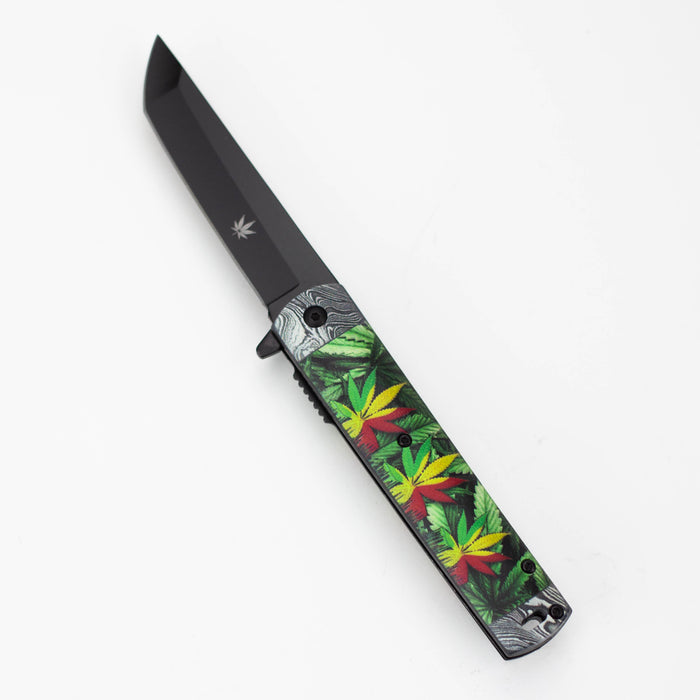 8" Leaves Design Handle Black Blade Folding Knife [13880]