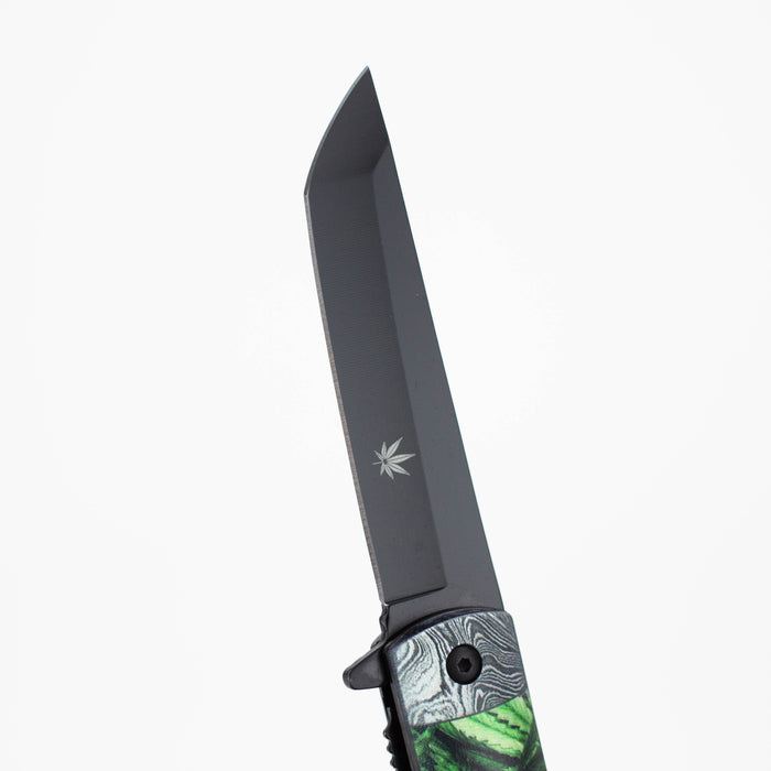 8" Leaves Design Handle Black Blade Folding Knife [13880]